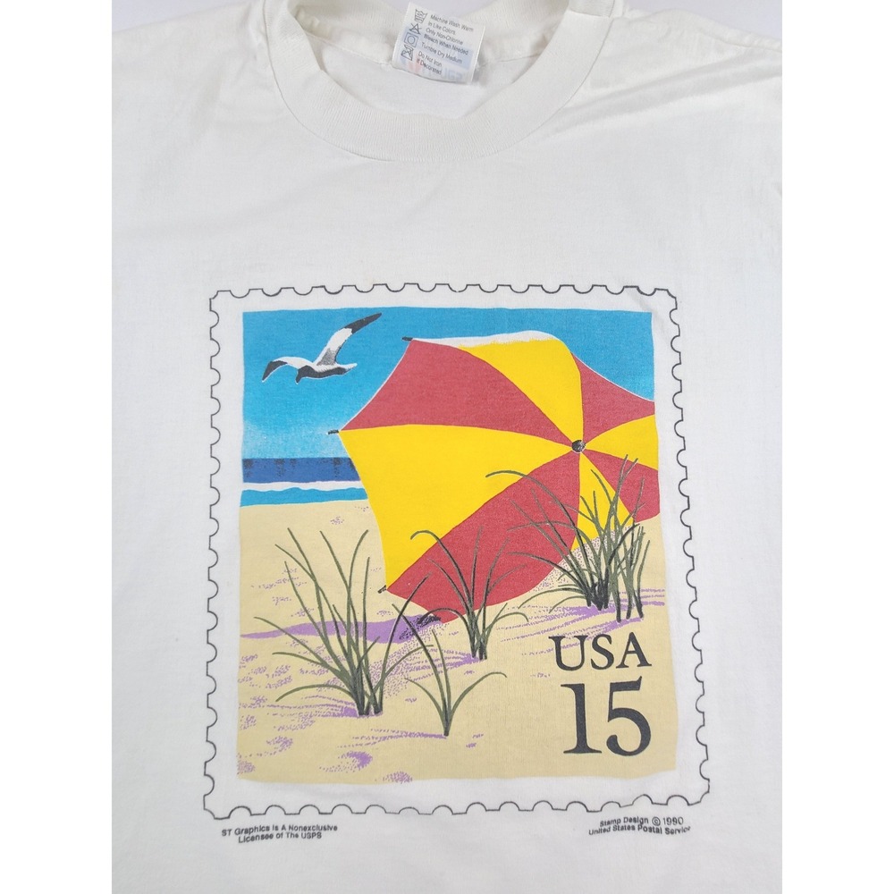 Vintage 1990 Hanes Fifty-Fifty USA 15 Stamp Beach T-Shirt Mens Medium White
